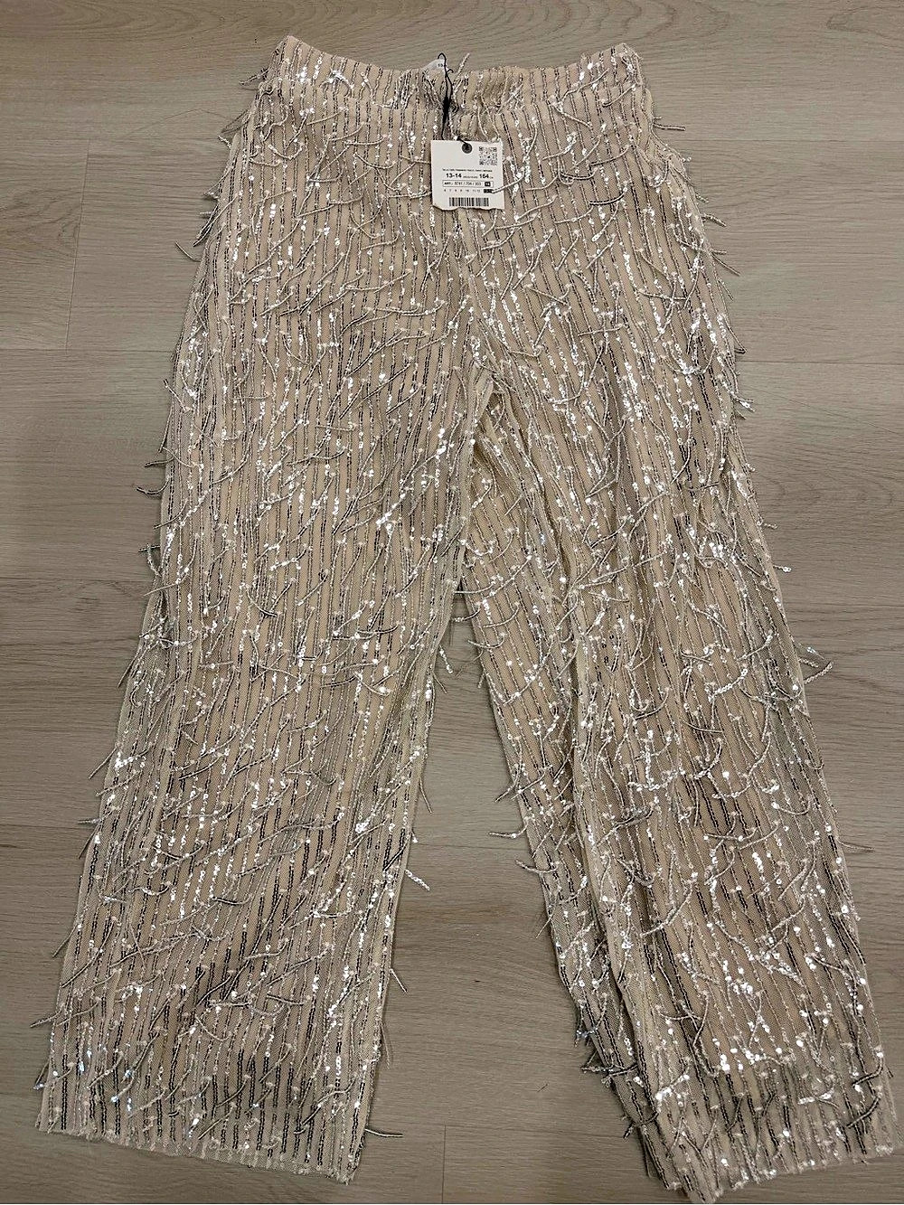 Zara Sequin Fringe Trousers Girls 13-14 Beige & Silver NWT